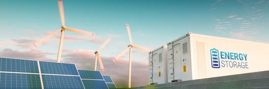 Concept of energy storage with solar panels and wind turbines