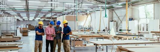 Architects, engineers and blue collar staff working together in modern factory.