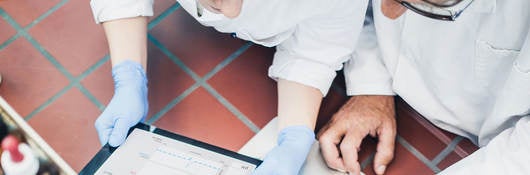 Overhead view of two people working in a laboratory setting