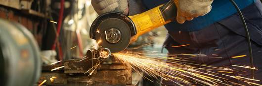 Metalworker using handheld circular saw on metal pipe as sparks fly.