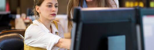 Two business colleagues collaborating in front of a computer