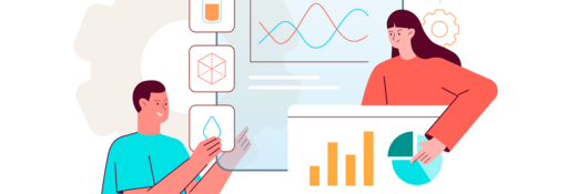 Illustration of two people looking at several graphs