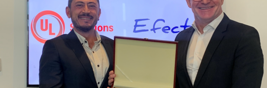 Patrick Abgrall (right), director and regional general manager of Built Environment, Europe, Middle East and Africa, at UL Solutions, presented a plaque to Ilker Ibik (left), CEO of Efectis Era Avrasya, in recognition of the Efectis Era Avrasya facility in Dilovasi, Turkey, participating in the UL Solutions Witnessed Test Data Program.
