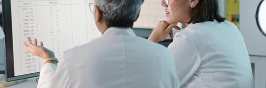 Two doctors look at a list on a computer monitor