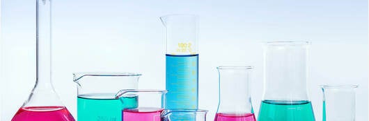 Colorful liquids in flasks