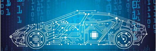 Transparent car showing connected chip nodes with binary code in the background