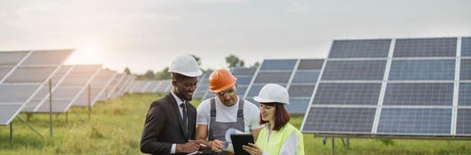 Workers talking near solar panels.