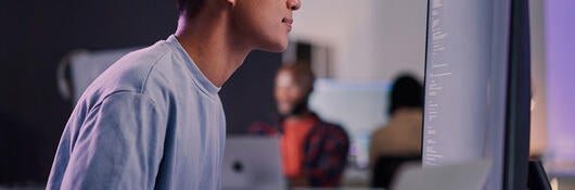Programmer reviewing code on a large monitor