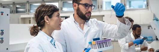 Two laboratory technicians working together