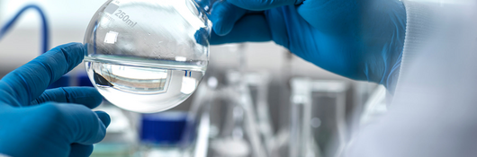 Gloved hands holding a round flask