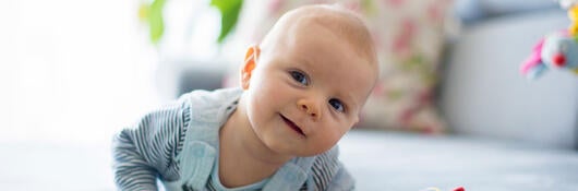 A baby on its tummy playing with toys