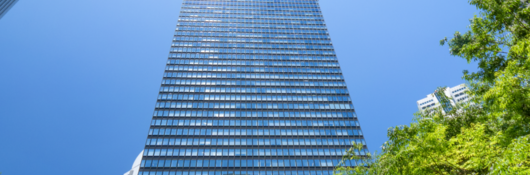 sunlit skyscraper surrounded by trees