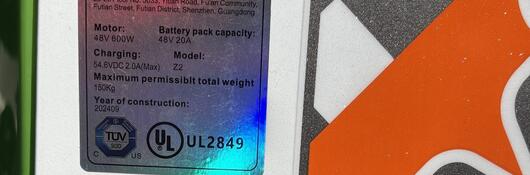 Unauthorized UL Label on electric scooter Model Z2.