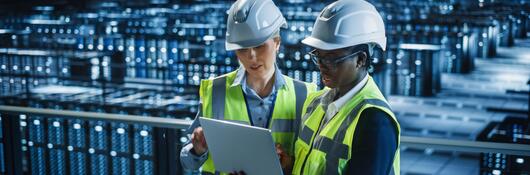 Workers looking at a laptop in a data center.