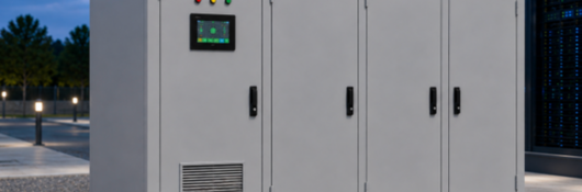 A data center Medium Voltage Solid State Power Unit sitting next to a building