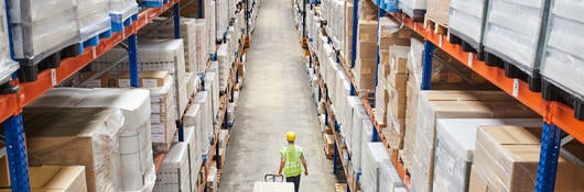 Worker in a warehouse with dozens of boxes on tall shelves