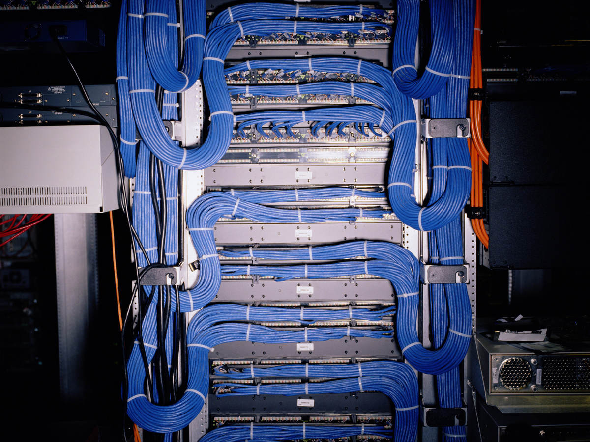 A close-up image of blue telecommunications cable.  