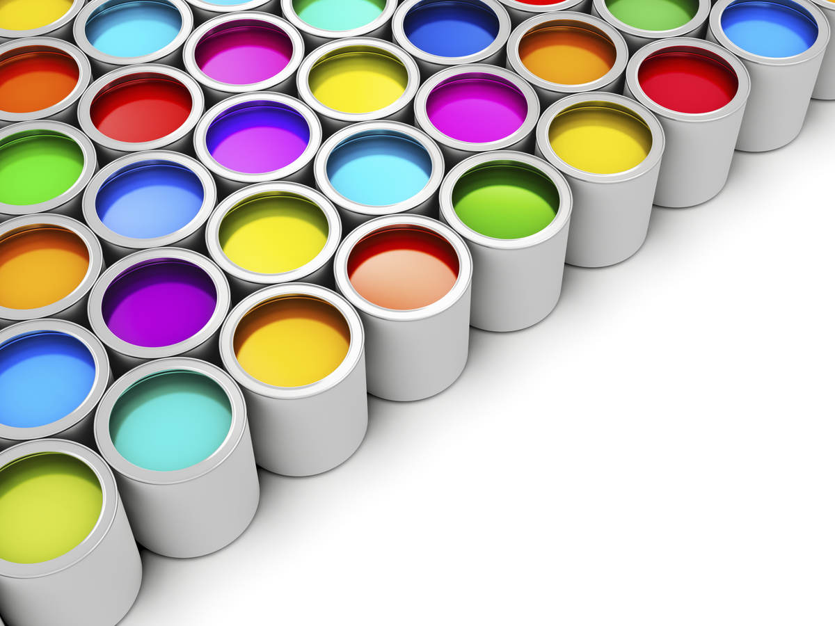 Pristine cans of paint in many colors.