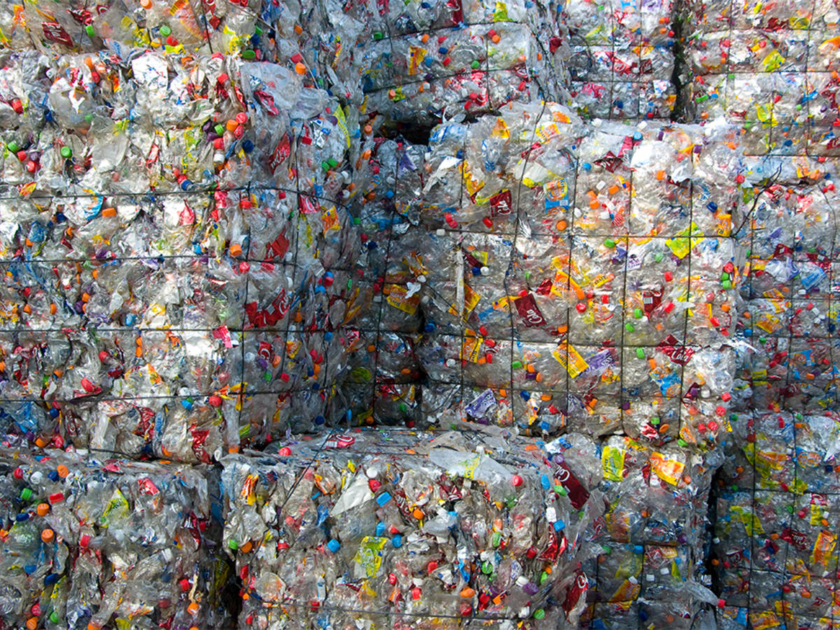 Cubes of crushed plastic bottles waiting for recycling