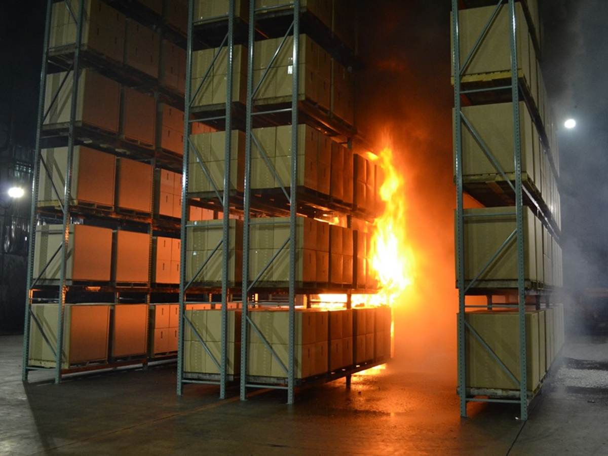 Mock warehouse fire during safety testing