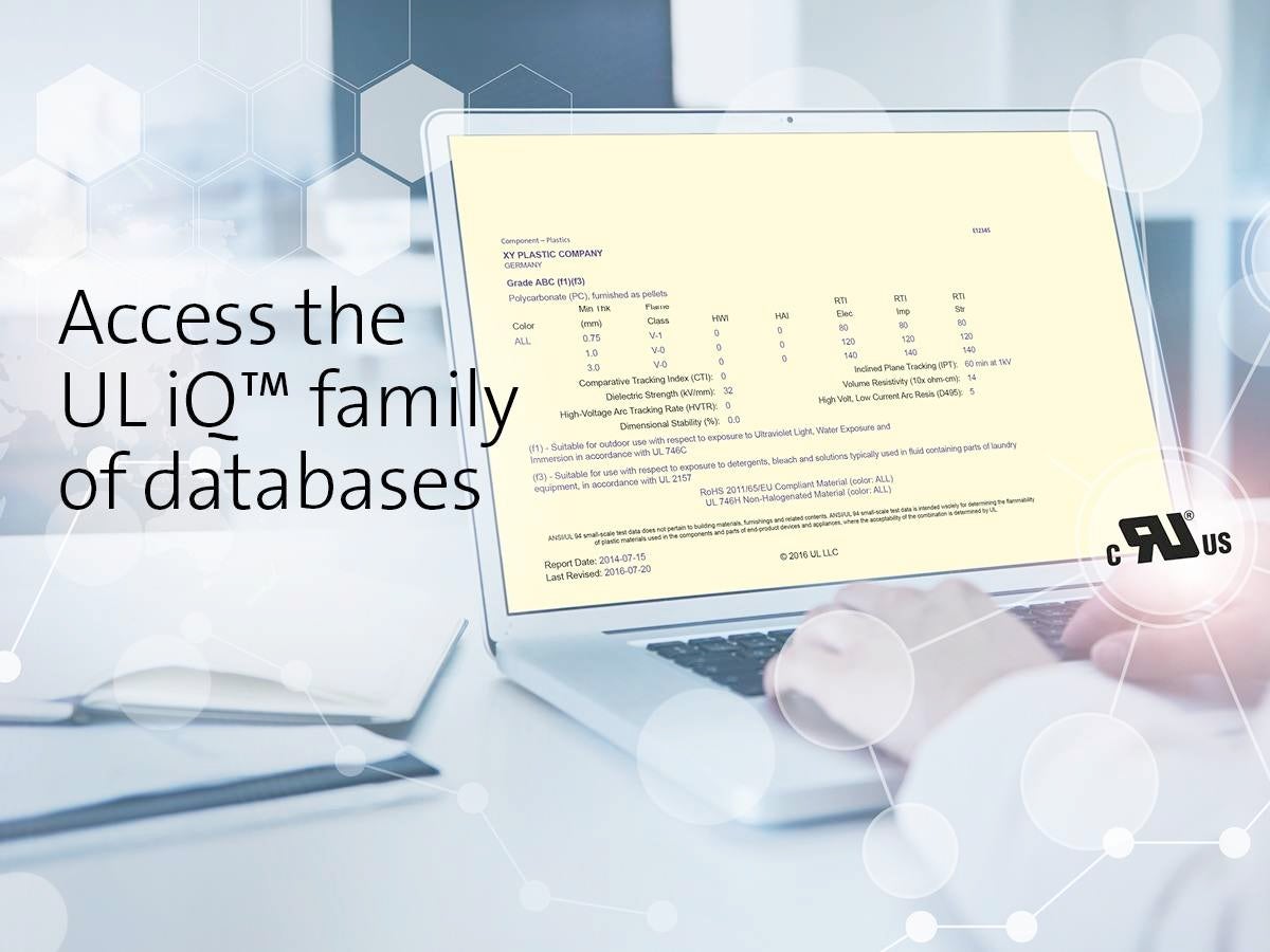 A business professional using UL’s iQTM family of databases on a laptop.