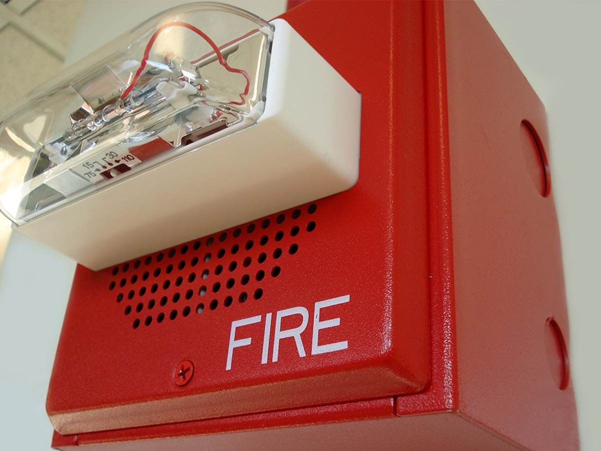 Close-up of fire alarm with speaker and strobe