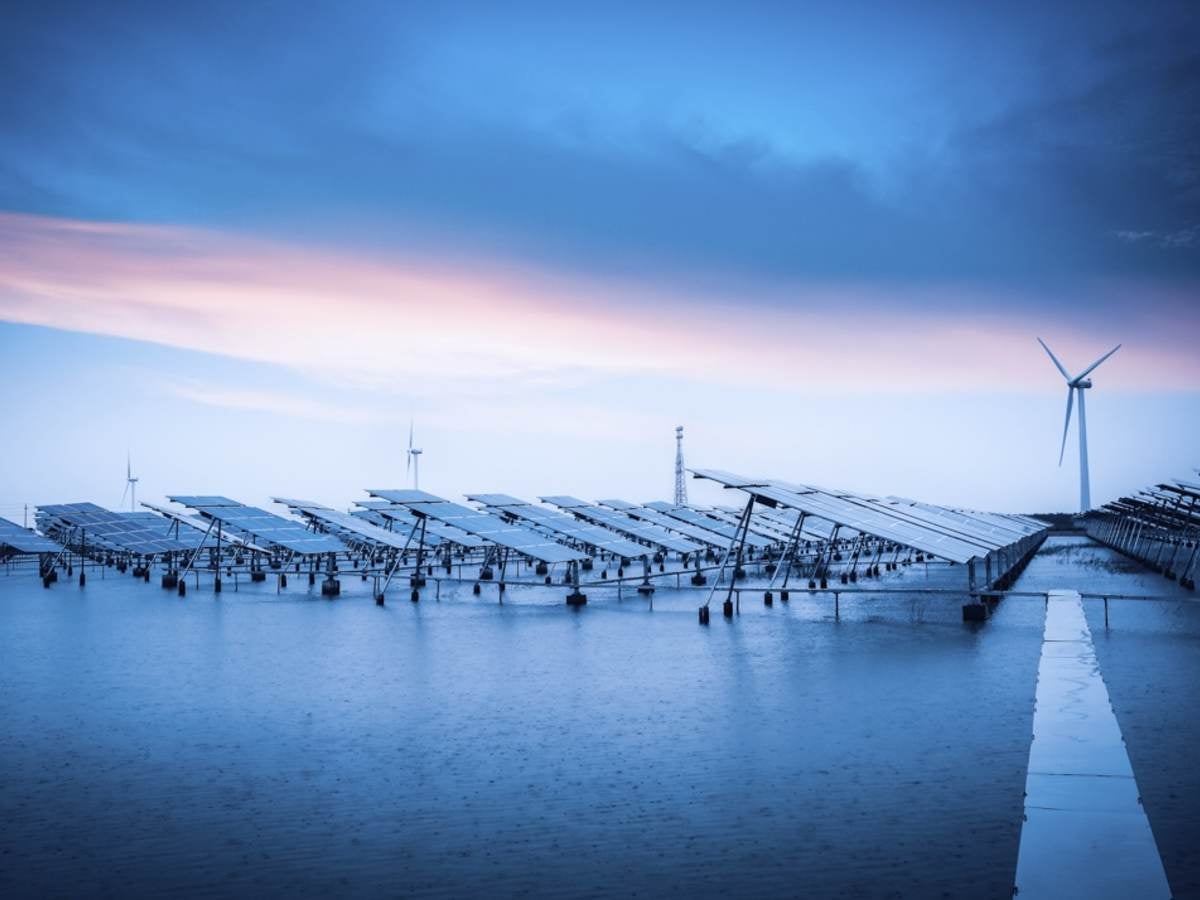 Large wind turbines and solar panels