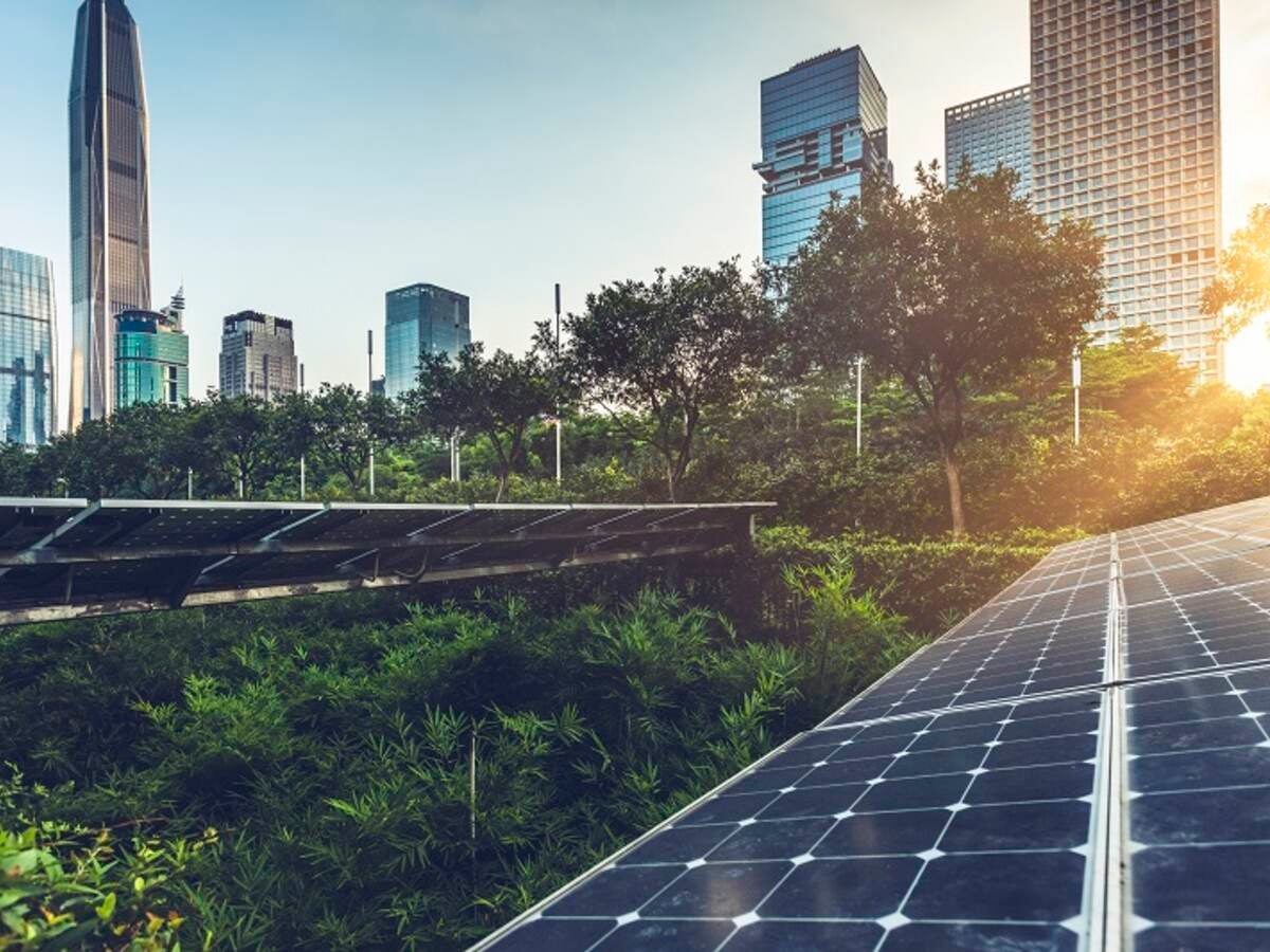 Solar panels dot an urban landscape