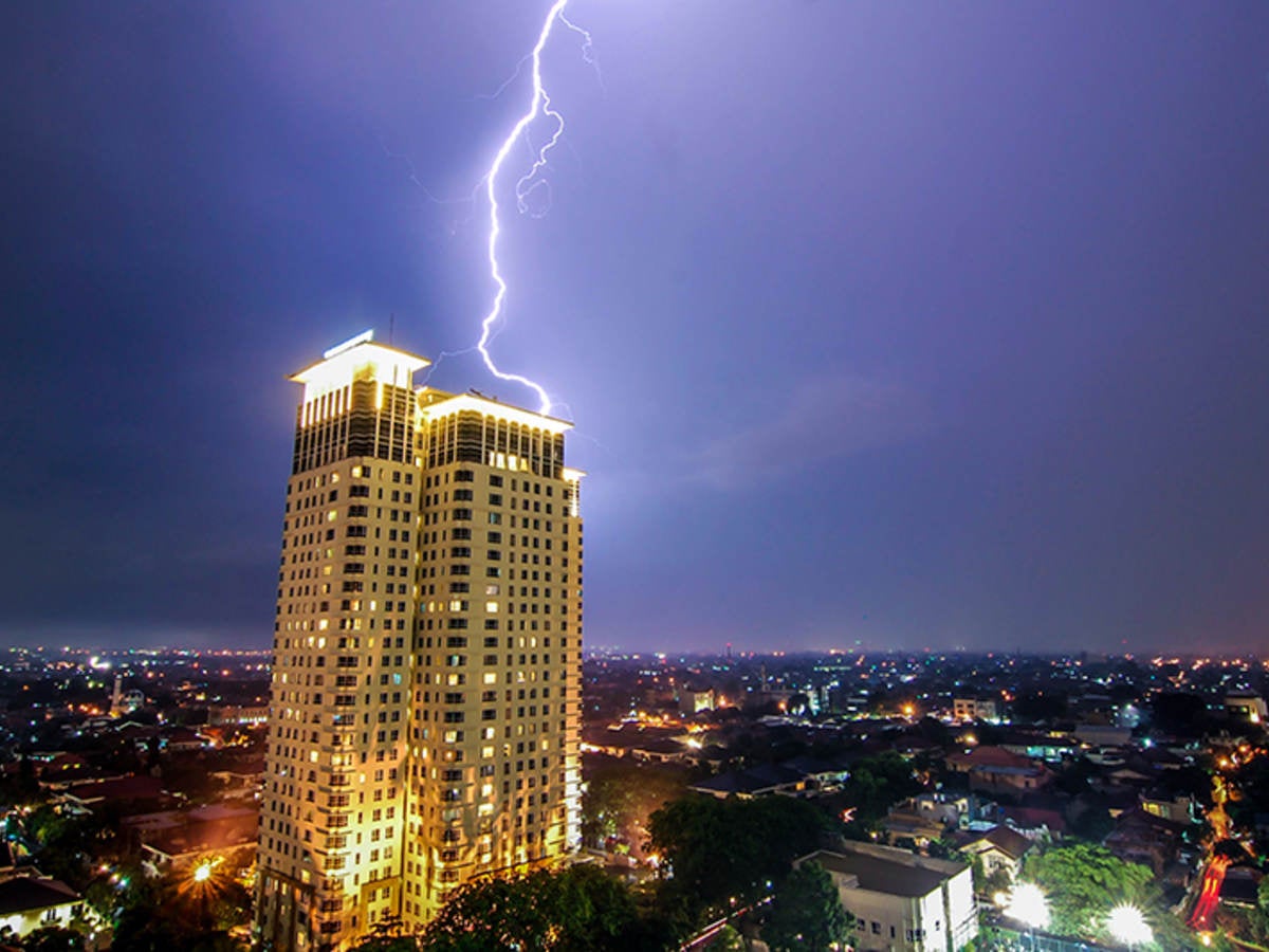 lightning striking building