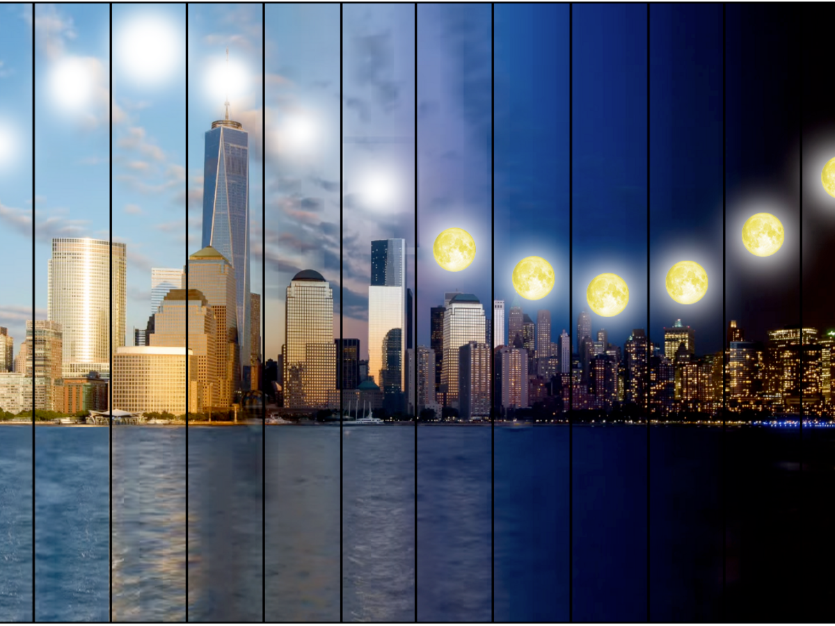 Sun and moon over NYC skyline