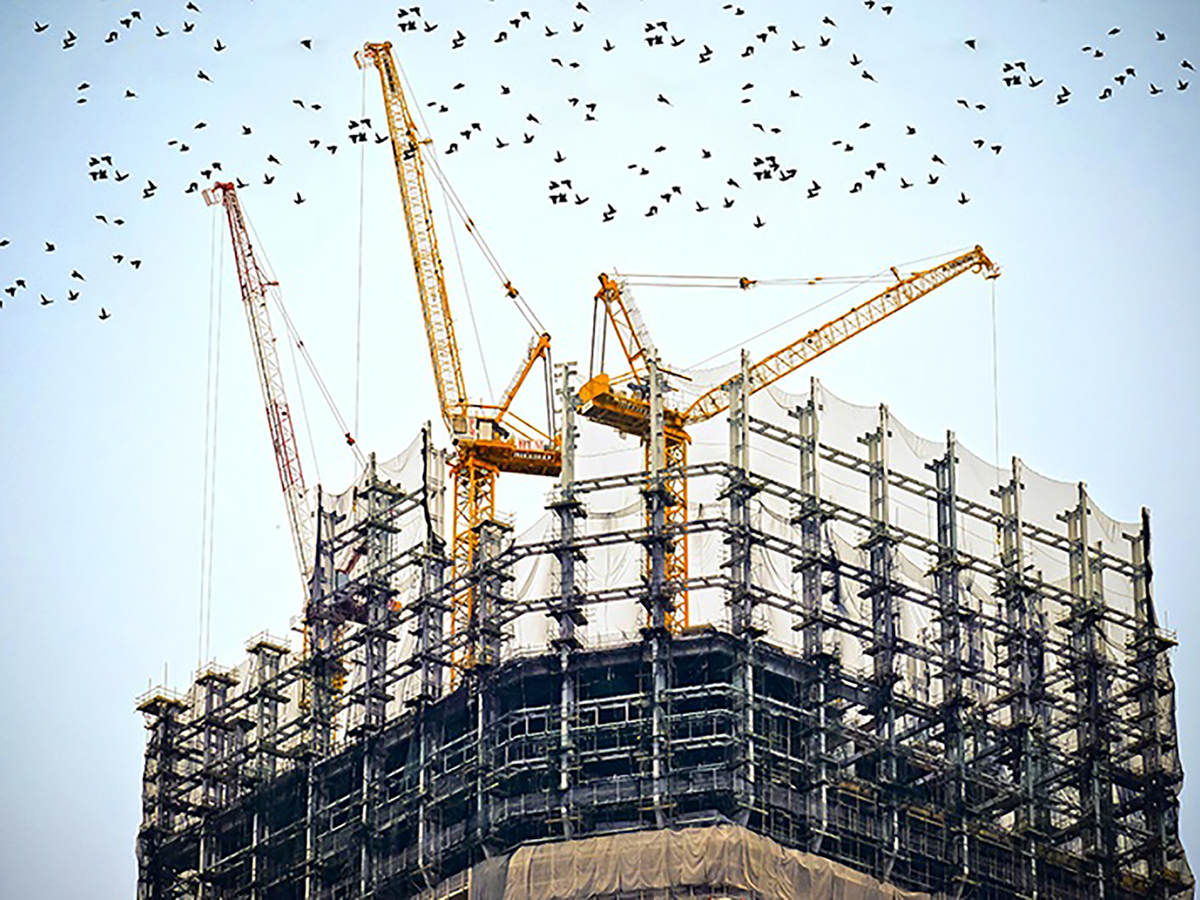 Photo of a tall building under construction with birds flying overhead