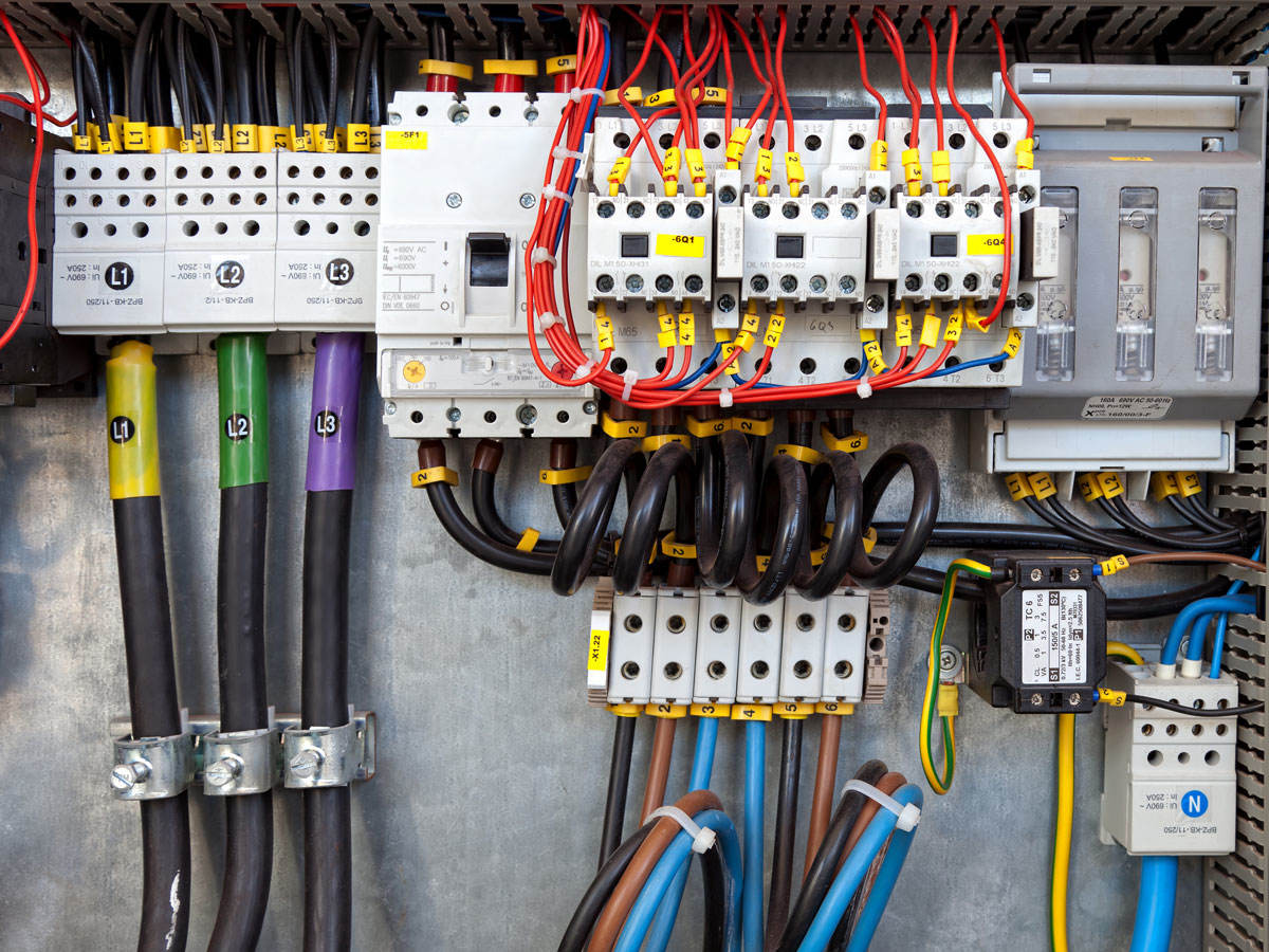 Electrical panel at a assembly line factory. Controls and switches