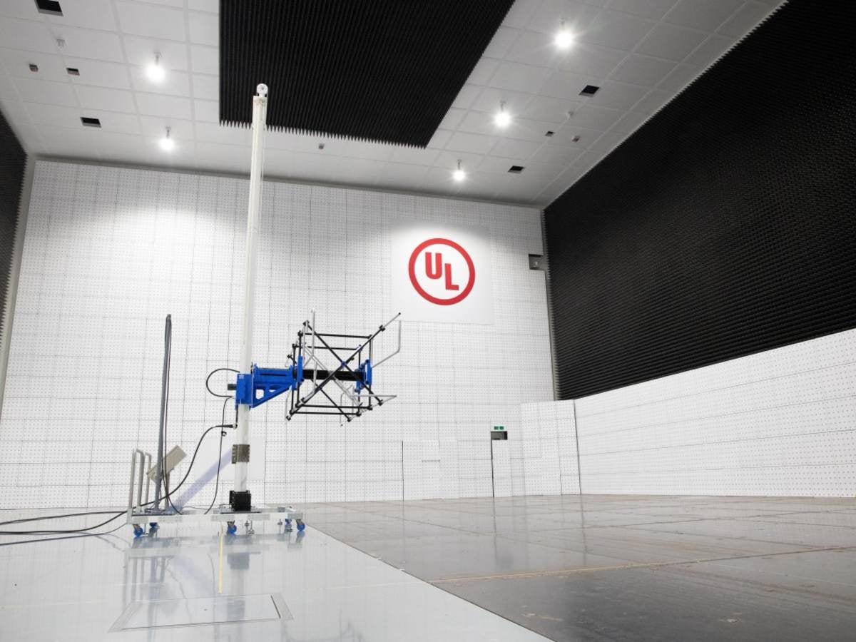 Large EMC chamber with antenna in laboratory with red UL logo