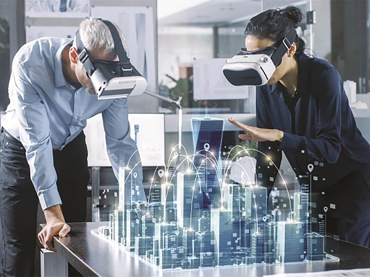 Photo of people using 3D viewer and depiction of technology electronics