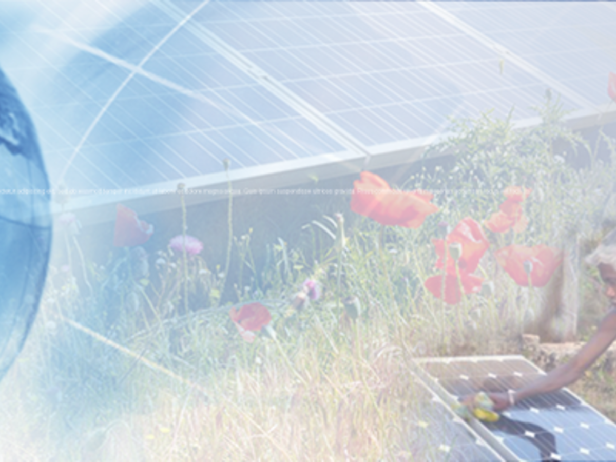 Montage with globe, flowers and African female shining a solar panel