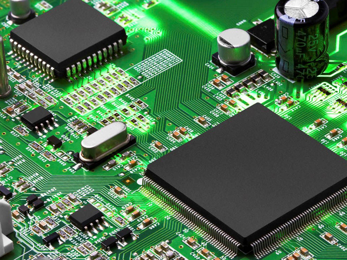 Electronic circuit board with processor, close up