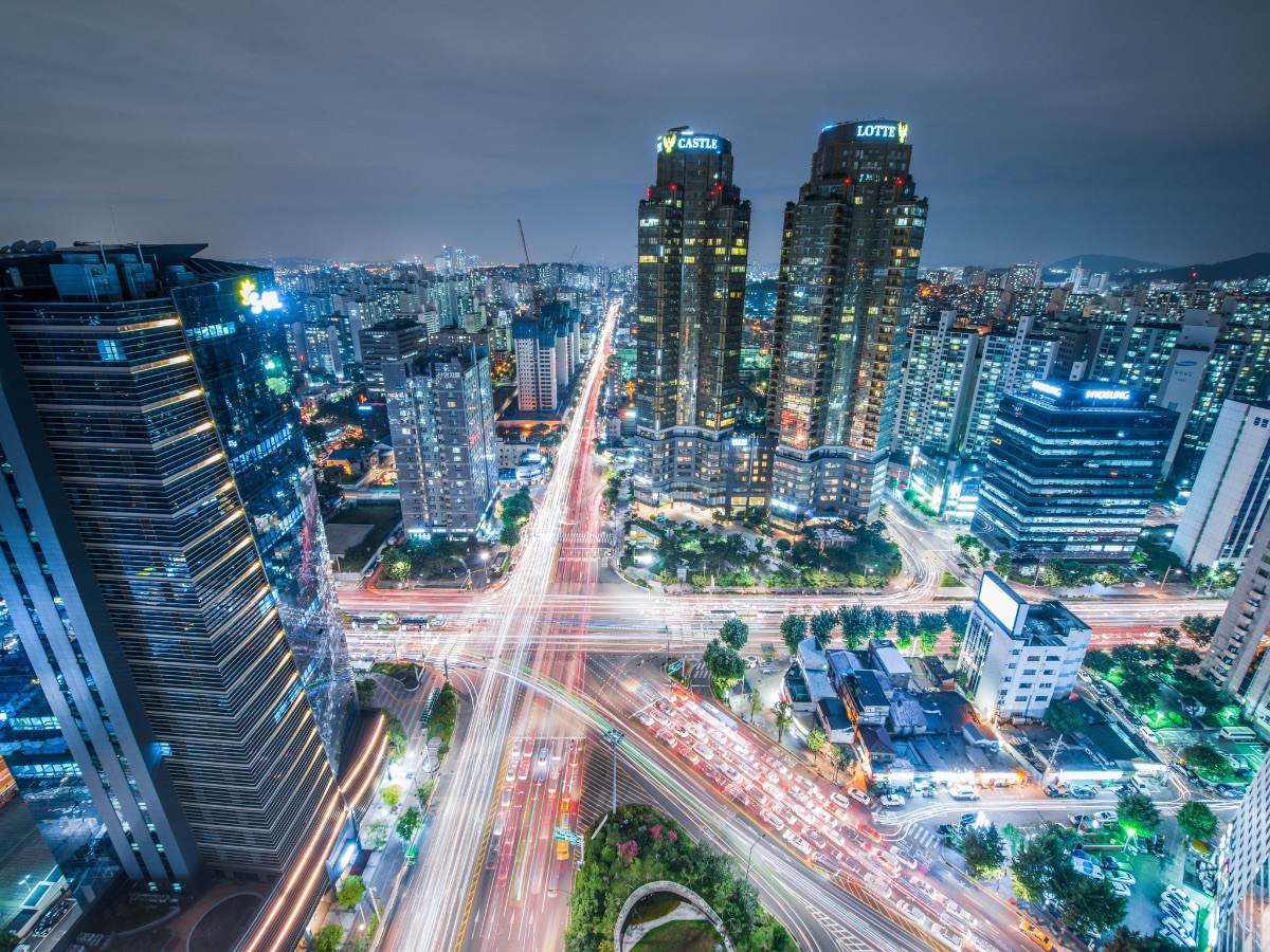 High Angle View Of Cityscape Lit Up At Night