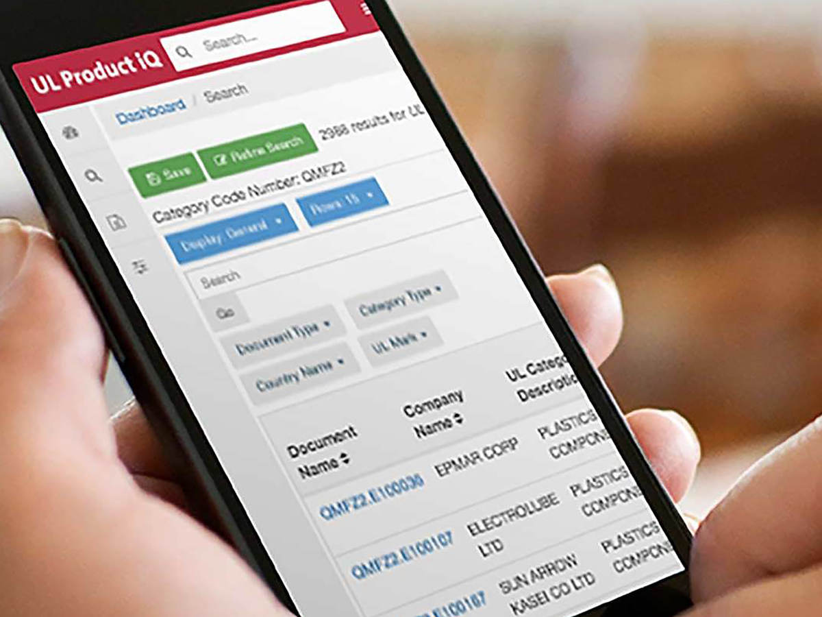 Phone screen showing UL Product iQ