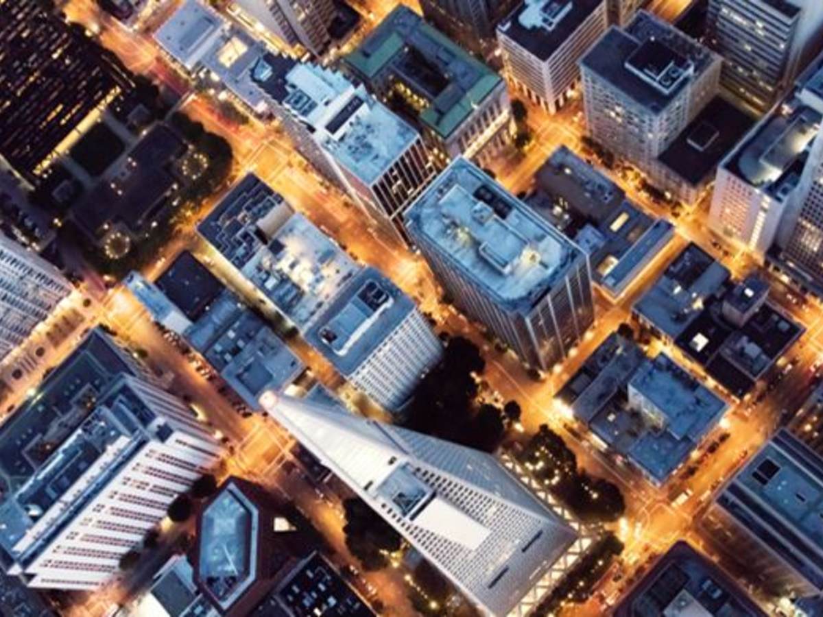 aerial view at night of San Francisco skyline