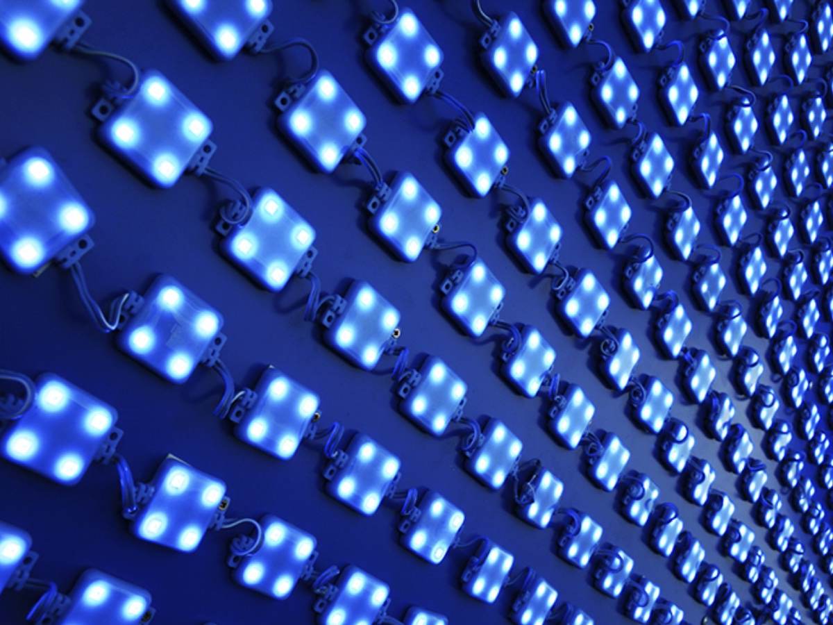 Close-up of a LED wall with bluish light