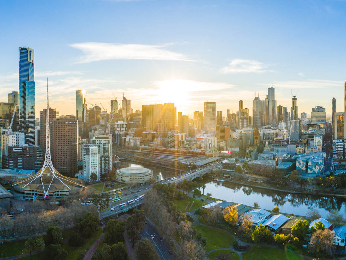 Sunny Melbourne Skyline and Yarra River at sunset