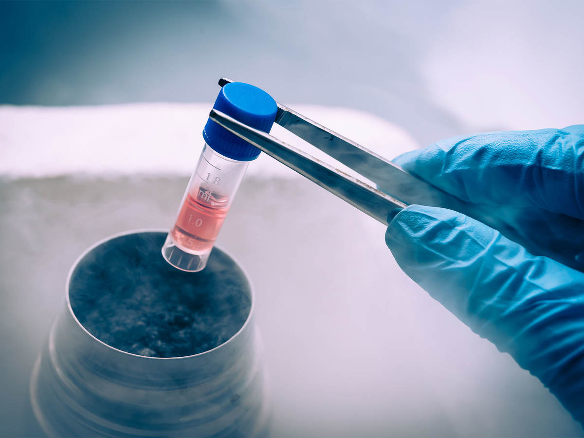 Scientist taking a vial out of liquid nitrogen