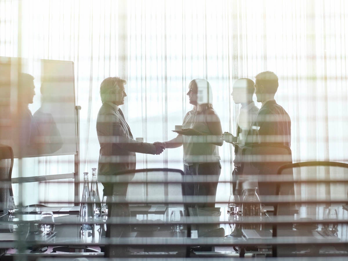 Group of people in a meeting shaking hands.