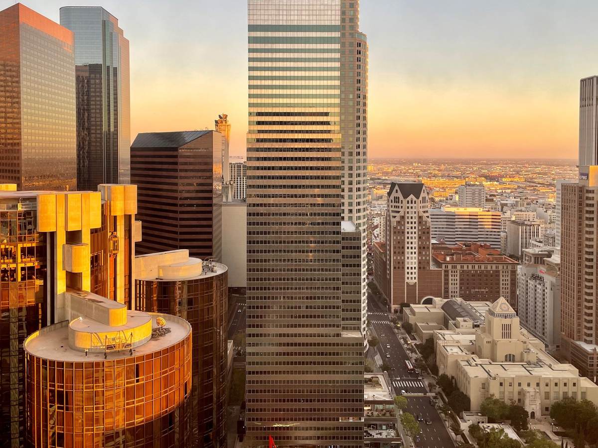 Los Angeles skycraper with blue and pink sky