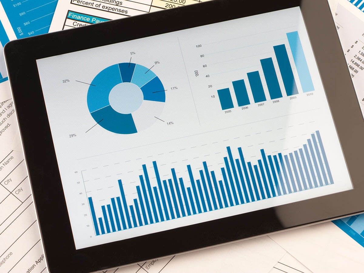 Tablet displaying several data charts while resting on a pile of printed out charts
