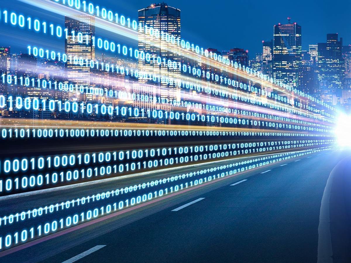 City highway at night with binary graphic