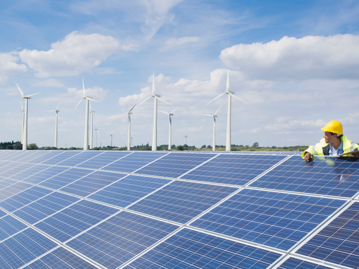 Worker inspecting solar panels