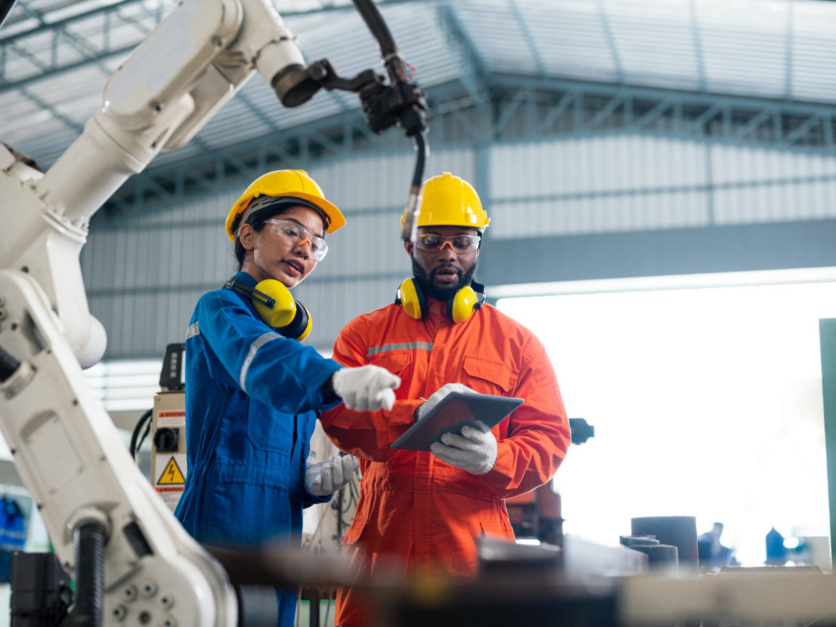 Engineers talking in a factory, with robotic arm in foreground