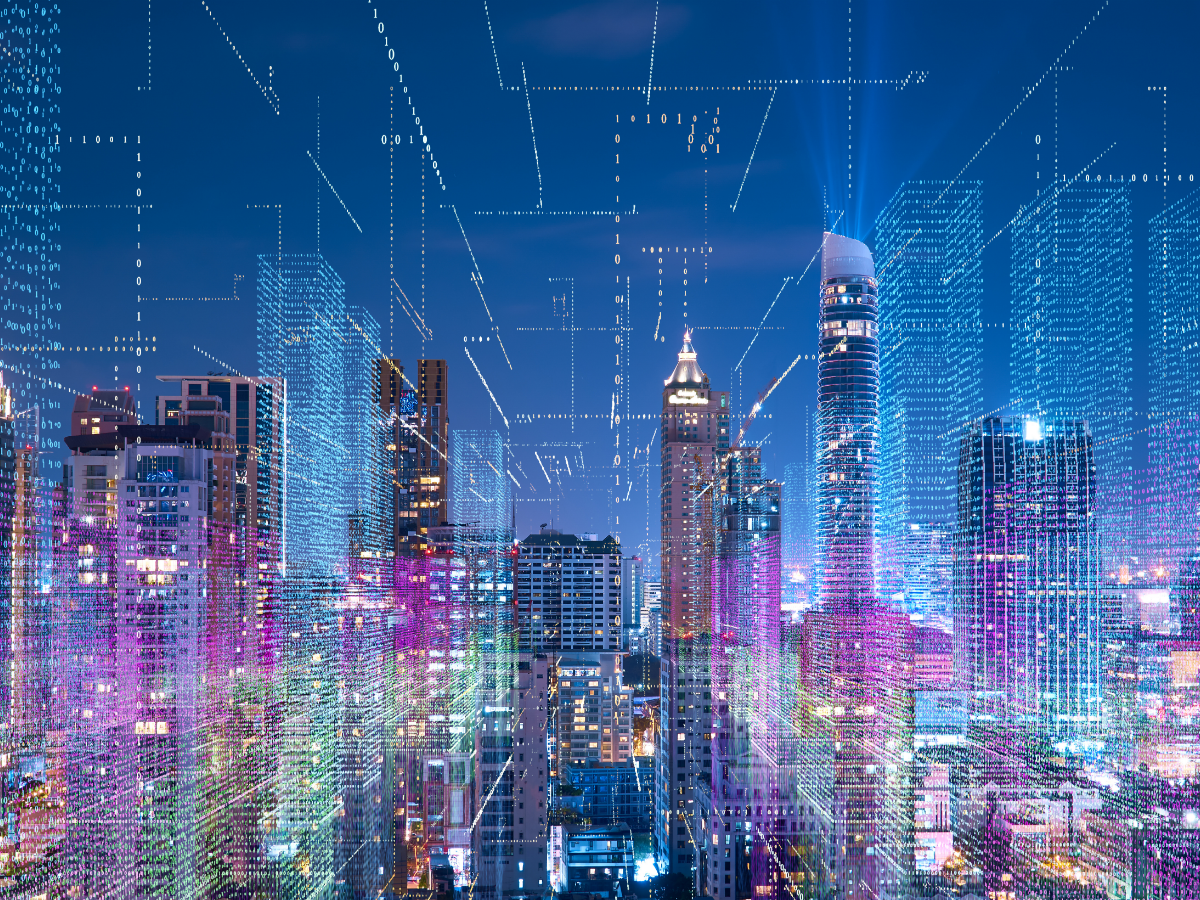 City skyline with overlay of a representation of a data grid