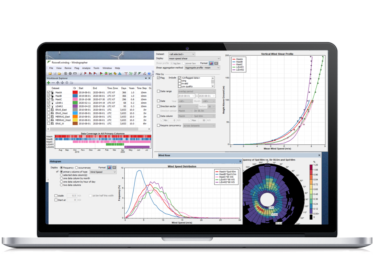 Depiction of Windographer software showing multiple screens